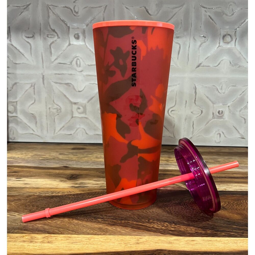 Starbucks Red Frosted Camouflage Camo Tumbler with Straw 24 oz